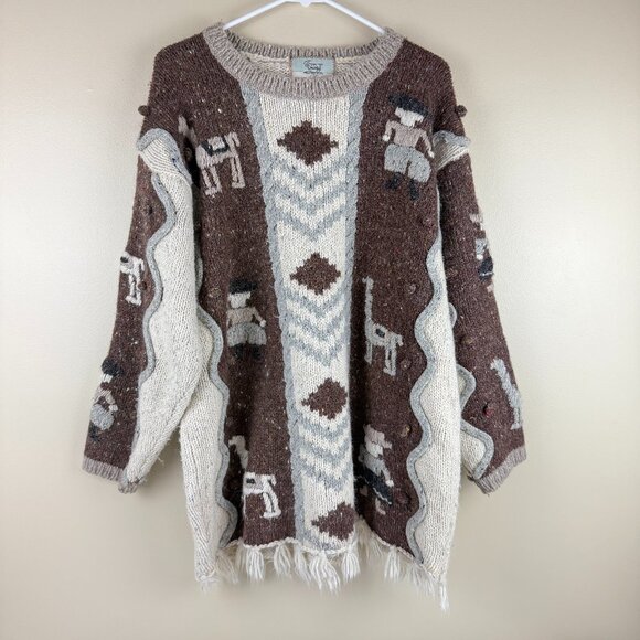 Vintage “The Alpaca Collection” Llama Intarsia Sweater • Fringe Hem Chunky Knit - Picture 1 of 8